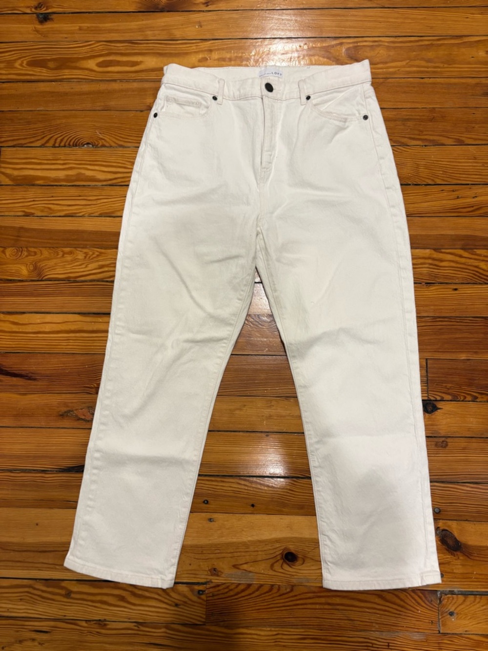Cream Denim High Waist Straight Crop Pants